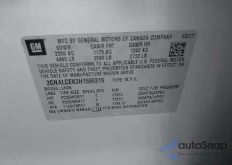 2017 Chevrolet Equinox Lt из США, поврежденный, VIN 2GNALCEK3H1586319